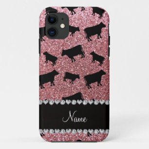 Personalized name light pink glitter cows iPhone 11 case