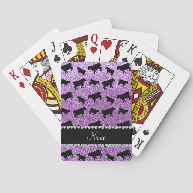 Personalized name light purple glitter cows playing cards (Back)