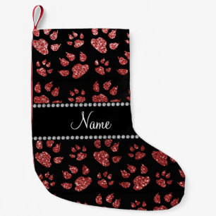 Personalized name light red glitter cat paws small christmas stocking