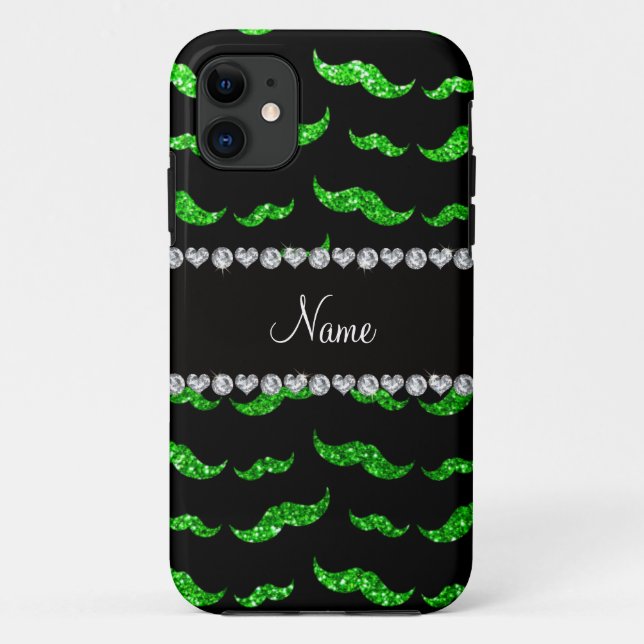 Personalized name lime green glitter moustaches Case-Mate iPhone case (Back)