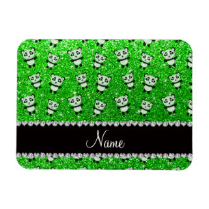 Personalized name lime green glitter pandas magnet
