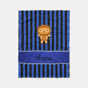 Personalized name lion blue glitter stripes fleece blanket