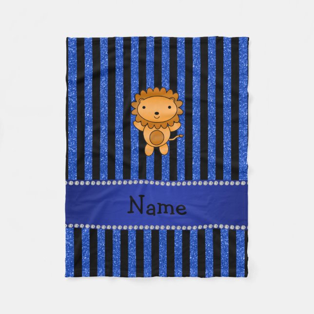 Personalized name lion blue glitter stripes fleece blanket (Front)