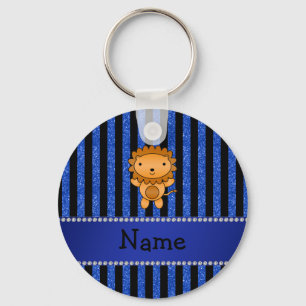 Personalized name lion blue glitter stripes keychain