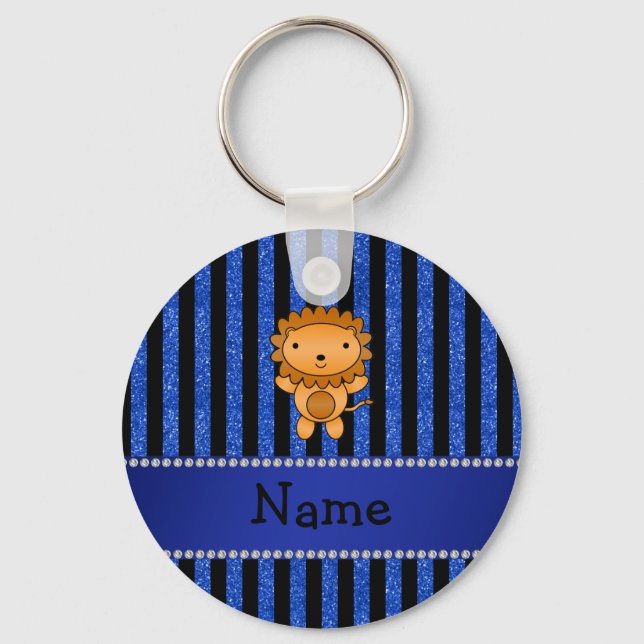 Personalized name lion blue glitter stripes keychain (Front)