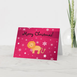 Personalized name lion pink snowflakes holiday card