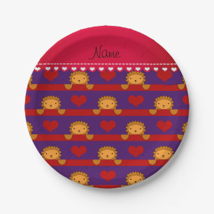 Personalized name lion purple hearts stripes paper plate