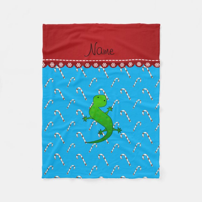 Personalized name lizard sky blue candy canes fleece blanket (Front)