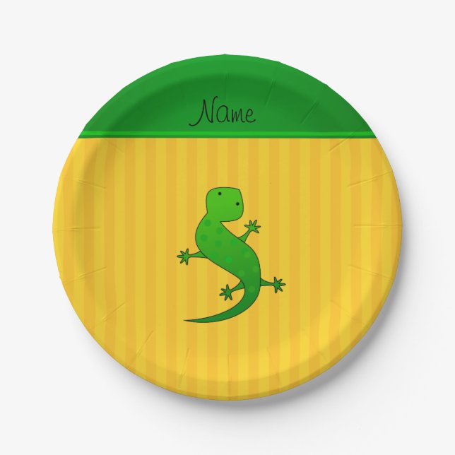 Personalized name lizard yellow stripes paper plate (Front)