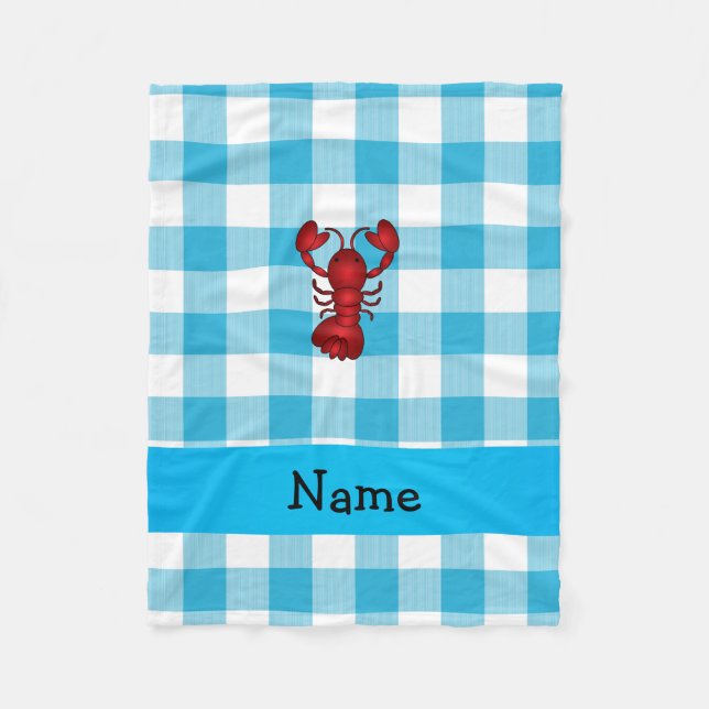 Personalized name lobster blue gingham pattern fleece blanket (Front)