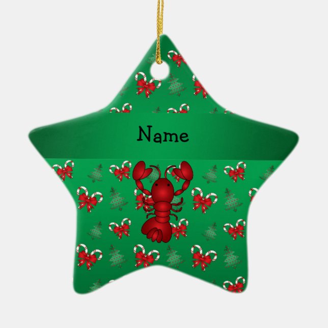 Personalized name lobster green candy canes bows ceramic ornament (Front)