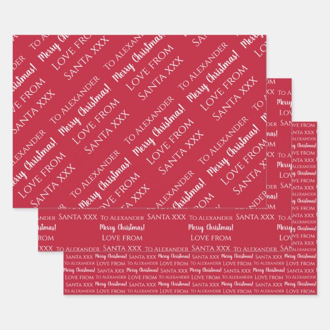 Personalized name love from santa red wrapping paper sheet (Set)