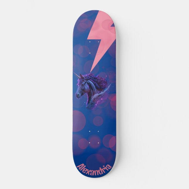 Personalized Name Magical Unicorn Pink Lightning Skateboard (Front)