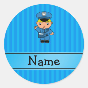 Personalized name mailman blue stripes classic round sticker