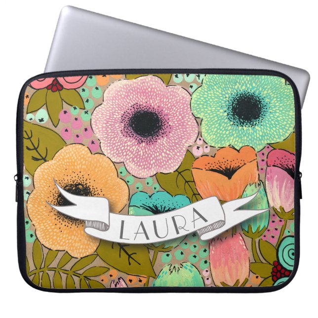 Personalized Name Make Up Designer Painted Floral Laptop Sleeve (Front)