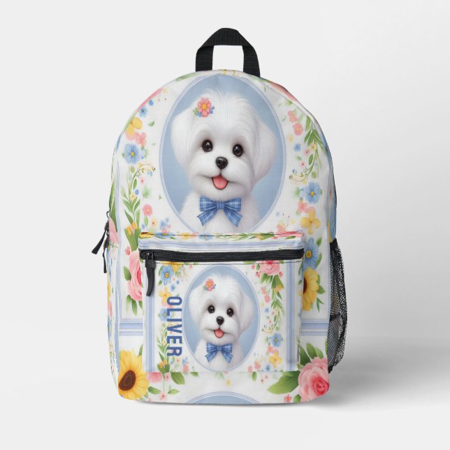 Personalized Name Maltese Puppy, Maltese Serenity Printed Backpack (Front)