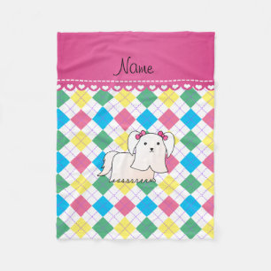 Personalized name maltese rainbow argyle fleece blanket