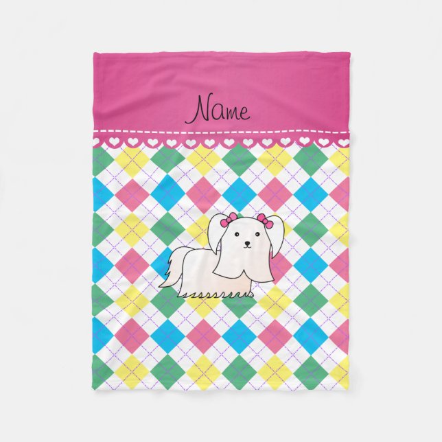 Personalized name maltese rainbow argyle fleece blanket (Front)