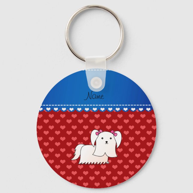Personalized name maltese red hearts keychain (Front)
