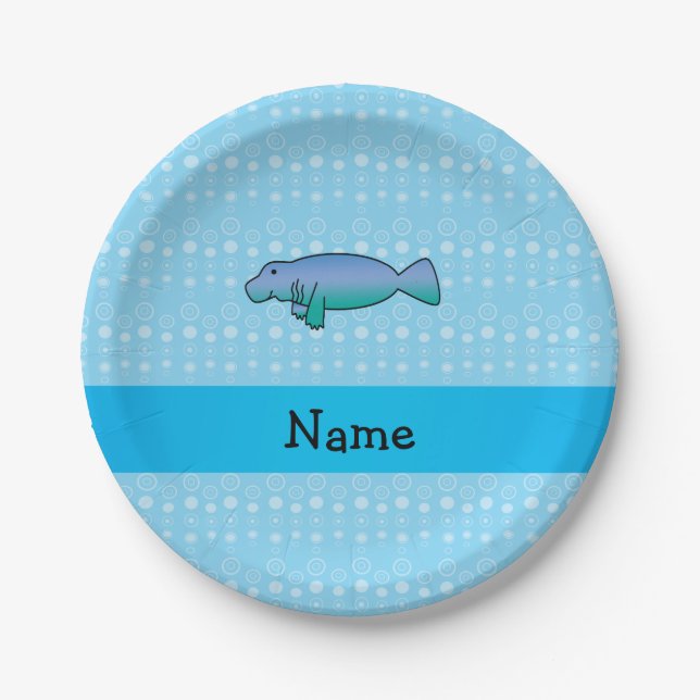 Personalized name manatee blue bubbles paper plate (Front)