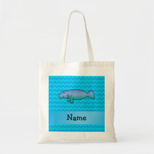 Personalized name manatee blue chevrons tote bag