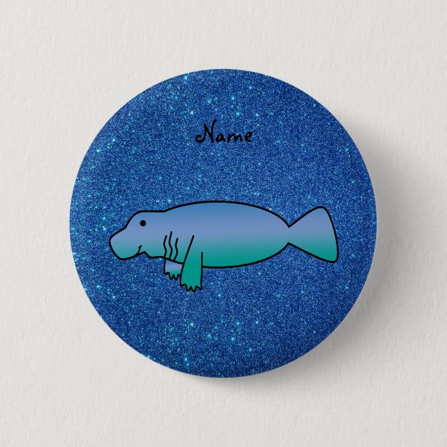 Personalized name manatee blue glitter 2 inch round button (Front)