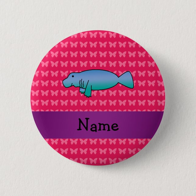 Personalized name manatee pink butterflies 2 inch round button (Front)