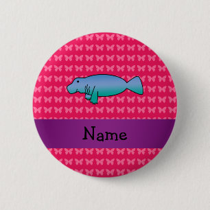 Personalized name manatee pink butterflies 2 inch round button