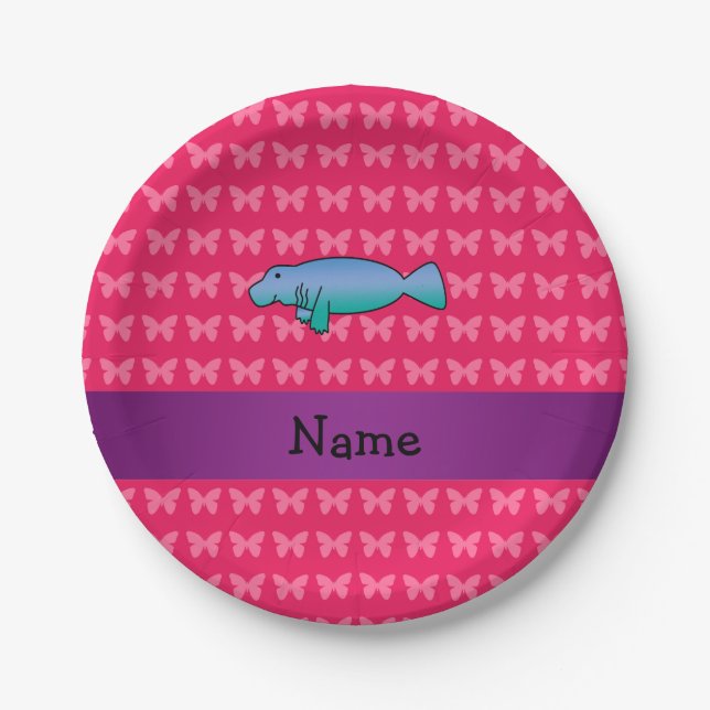 Personalized name manatee pink butterflies paper plate (Front)