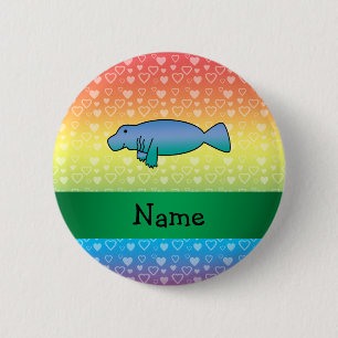 Personalized name manatee rainbow hearts 2 inch round button