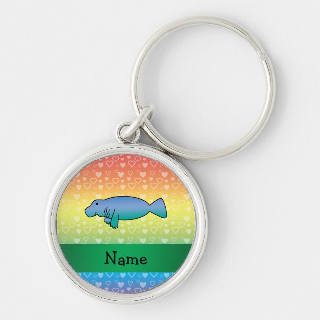 Personalized name manatee rainbow hearts keychain (Front)