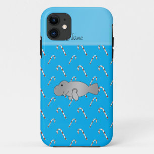 Personalized name manatee sky blue candy canes iPhone 11 case