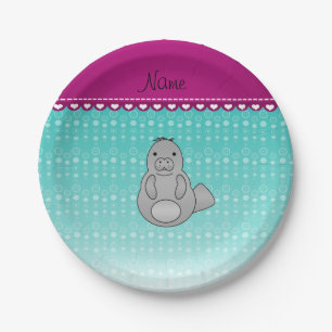 Personalized name manatee turquoise bubbles paper plate
