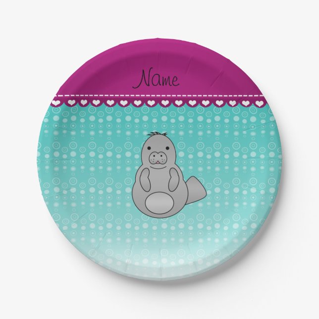 Personalized name manatee turquoise bubbles paper plate (Front)