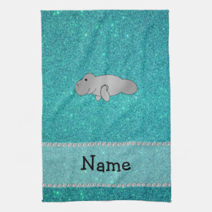 Personalized name manatee turquoise glitter kitchen towel