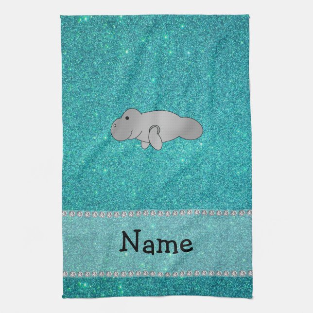 Personalized name manatee turquoise glitter kitchen towel (Vertical)