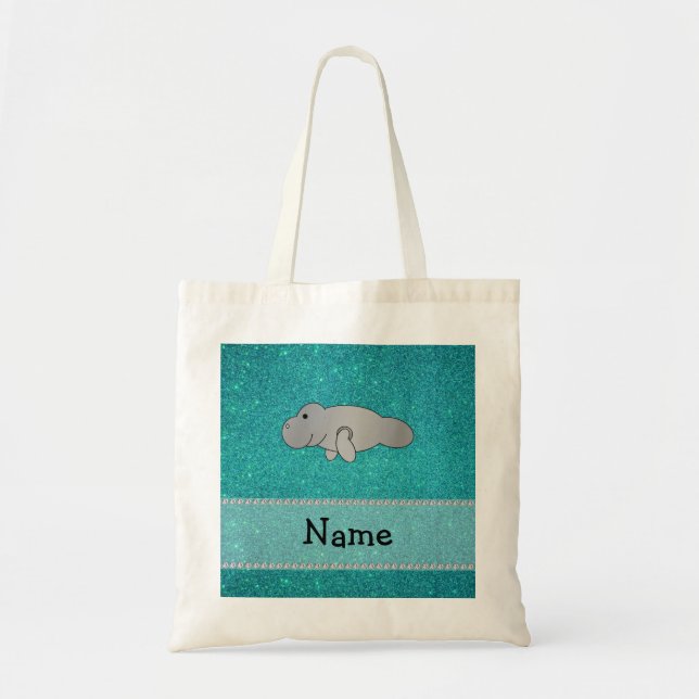 Personalized name manatee turquoise glitter tote bag (Front)