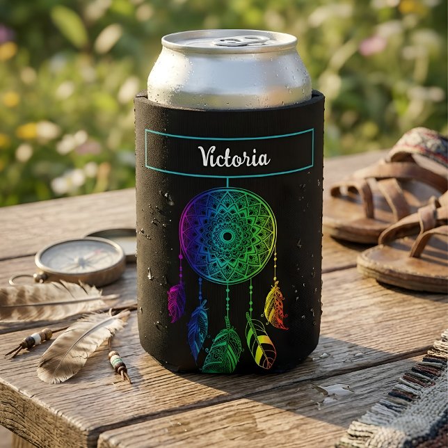 Personalized Name Mandala Rainbow Dreamcatcher Can Cooler (Creator Uploaded)