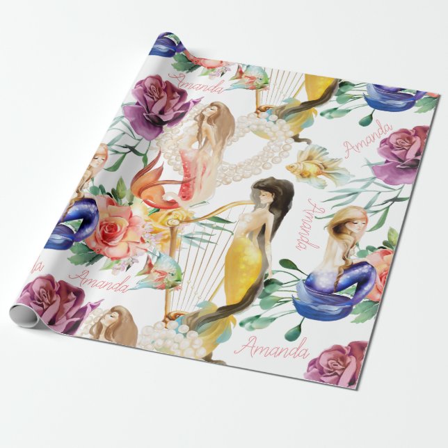 Personalized Name Mermaid Lover Pretty Wrapping Paper (Unrolled)