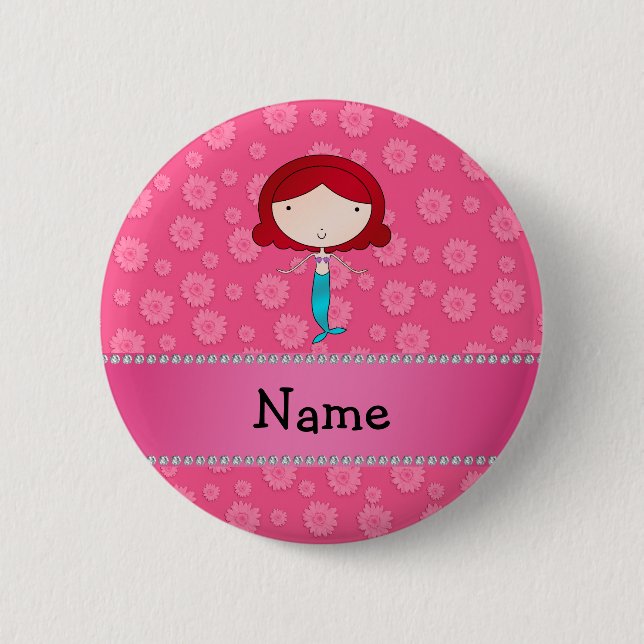Personalized name mermaid pink flowers 2 inch round button (Front)