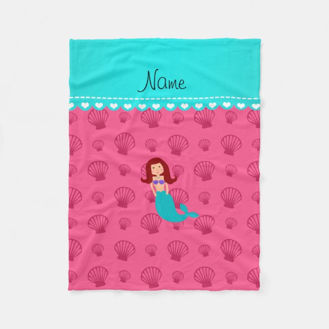 Personalized name mermaid pink shells fleece blanket (Front)
