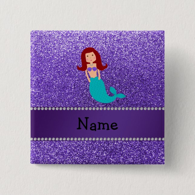 Personalized name mermaid purple glitter 2 inch square button (Front)