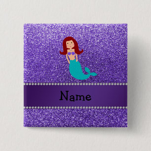 Personalized name mermaid purple glitter 2 inch square button