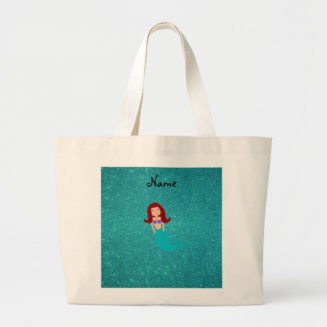 Personalized name mermaid turquoise glitter large tote bag (Front)