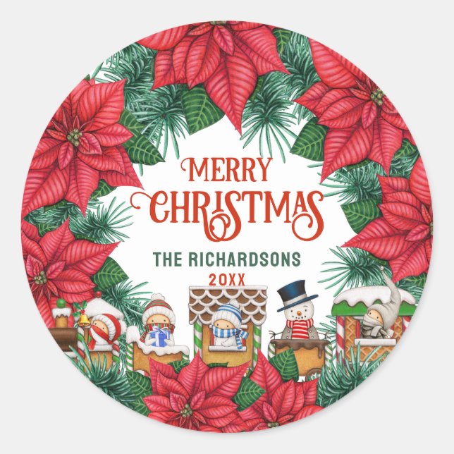 Personalized Name Merry Christmas Festive Floral Classic Round Sticker (Front)