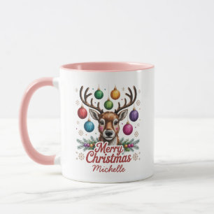 Personalized Name Merry Christmas Reindeer baubles Mug