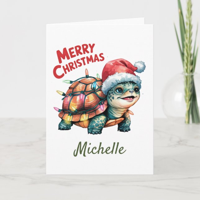 Personalized Name Merry Christmas Turtle in Santa  Card (Front)