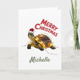 Personalized Name Merry Christmas Turtle in Santa  Card