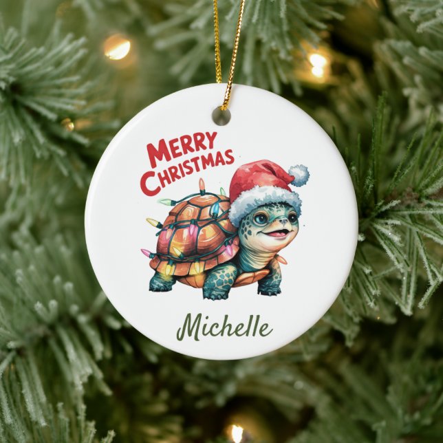 Personalized Name Merry Christmas Turtle in Santa  Ceramic Ornament (Tree)