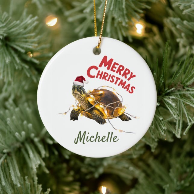 Personalized Name Merry Christmas Turtle in Santa  Ceramic Ornament (Tree)